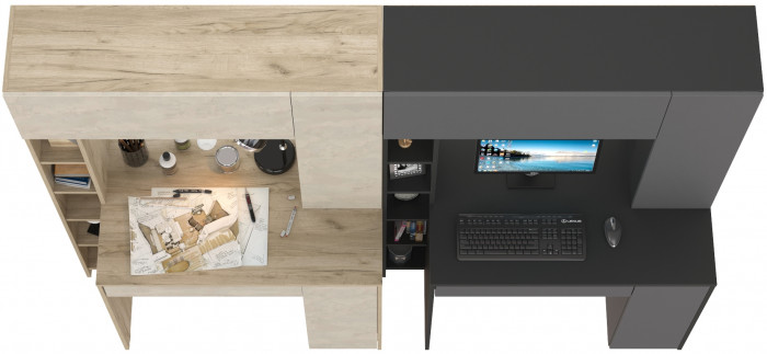 КР100 Два стола компьютерных Комфорт 12.71, цвет дуб крафт серый/шёлковый камень/антрацит/тёмно-серый, ШхГхВ 233,4х60,2х165,4 см., НЕ универс. сборка
