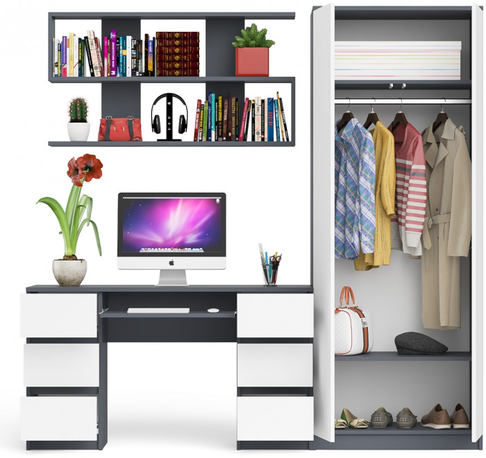 Мори компьютерный стол МС-2 + Шкаф МШ800.1 + Полка 1200, графит/белый