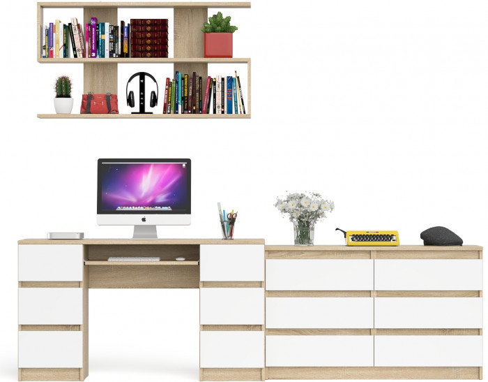 Мори компьютерный стол МС-2 + Комод МК1200.6 + Полка 1200, дуб сонома/белый