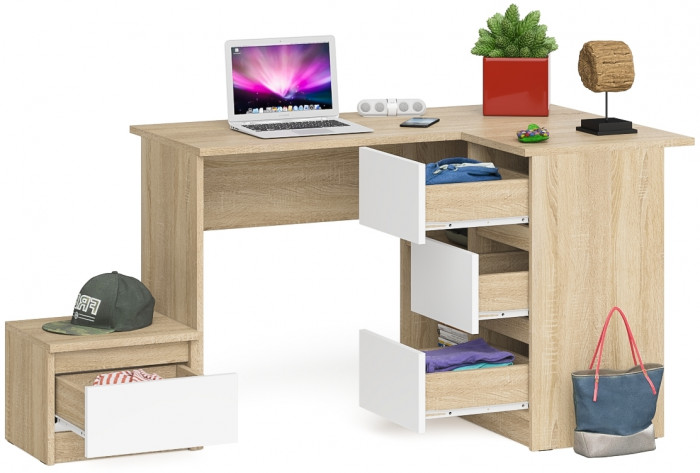 Мори Стол компьютерный МС-16 правый + Тумба ТМП400.1, цвет дуб сонома/белый, ШхГхВ 164,8х84,9х76,6 см., выдвижные ящики справа, НЕ универс. сборка