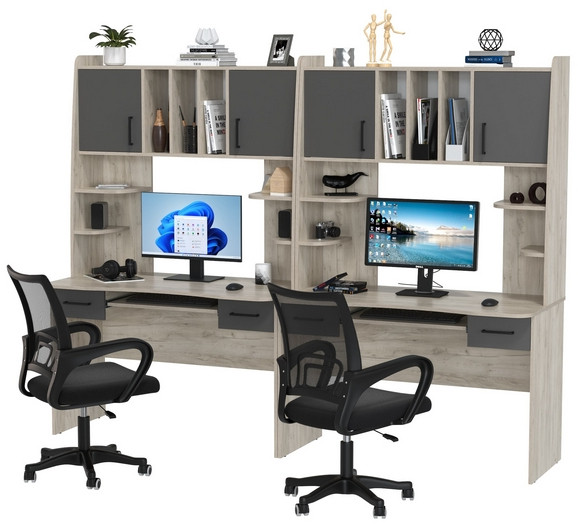 Два стола рабочих 6-0604 Бета + два кресла 103 чёрных, дуб крафт серый/графит