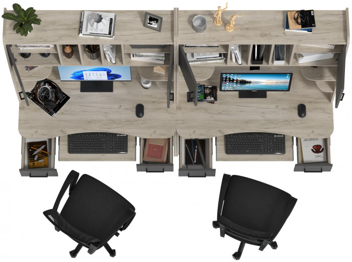 Два стола рабочих 6-0604 Бета + два кресла 103 чёрных, дуб крафт серый/графит