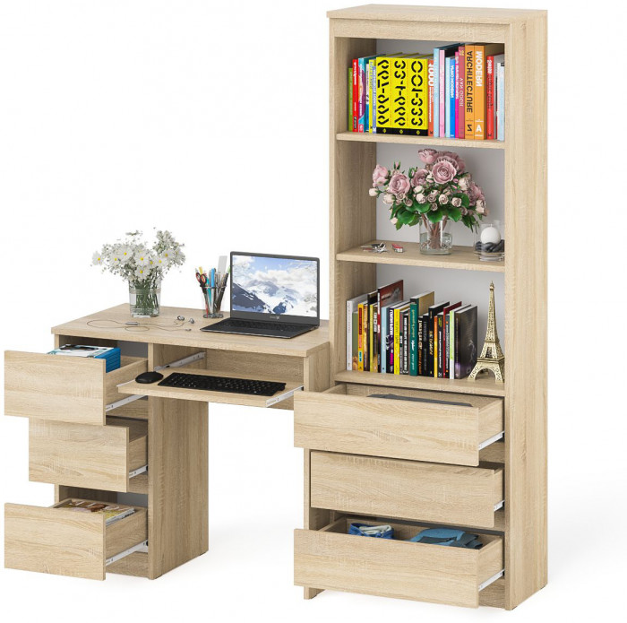 Мори компьютерный стол МС-6 левый + Стеллаж МСТ600.3, дуб сонома
