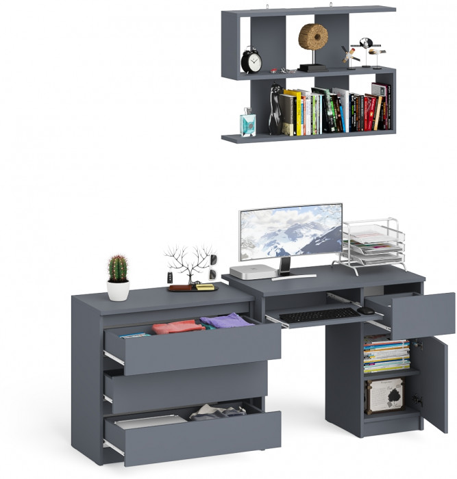 Мори компьютерный стол МС-1 правый + Комод МК800.1 + Полка 900, графит