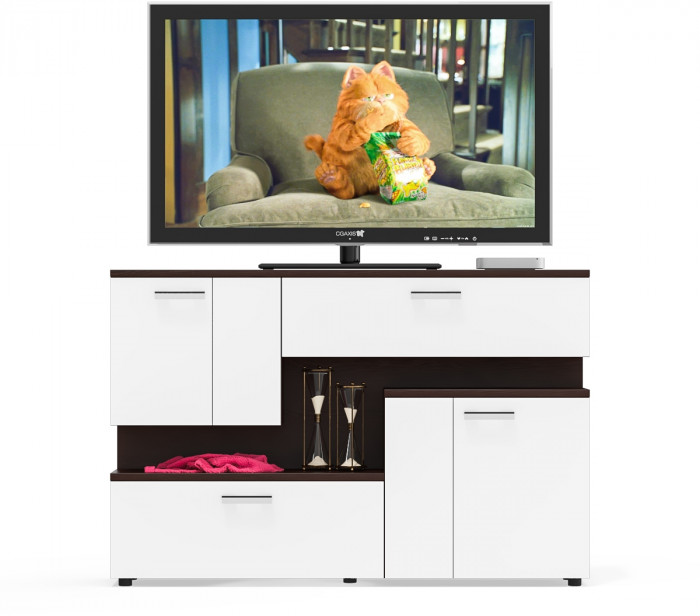 Тумба ТВ С-МД-С1-1400, цвет венге/белый шагрень, ШхГхВ 140х30х93 см., НЕ универсальная сборка