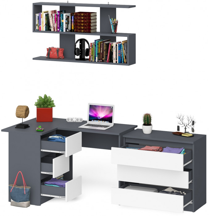 Мори компьютерный стол МС-16 левый + Комод МК800.1 + Полка 1200, графит/белый