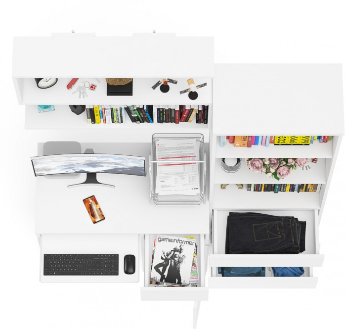 Мори Стол компьютерный МС-1 правый + Стеллаж МСТ600.3 + Полка 900, цвет белый, ШхГхВ 150,4х50х209,6 см., НЕ универсальная сборка