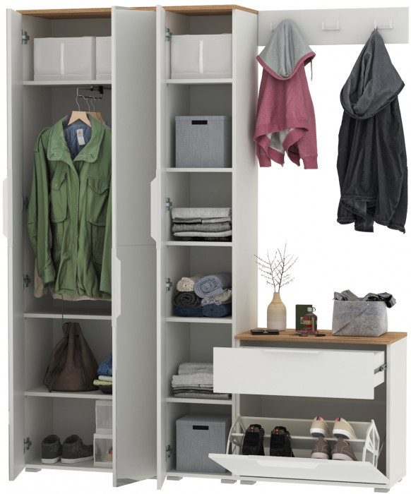 Октава Прихожая 23, белый шагрень/дуб крафт золотой/фасады МДФ белый шагрень