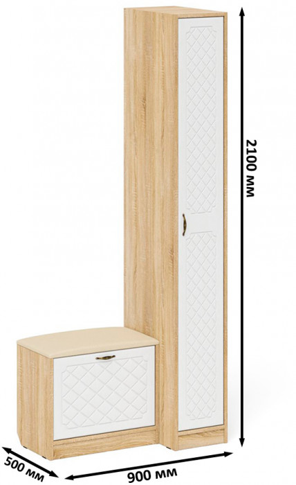 Прихожая П-6 Компоновка № 39, дуб сонома/фасады МДФ белое дерево фрезеровка ромб