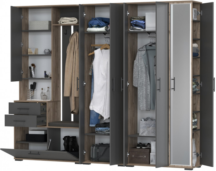 Прихожая Домино 6, цвет дуб крафт табачный/графит, ШхГхВ 248х36х202 см., универсальная сборка