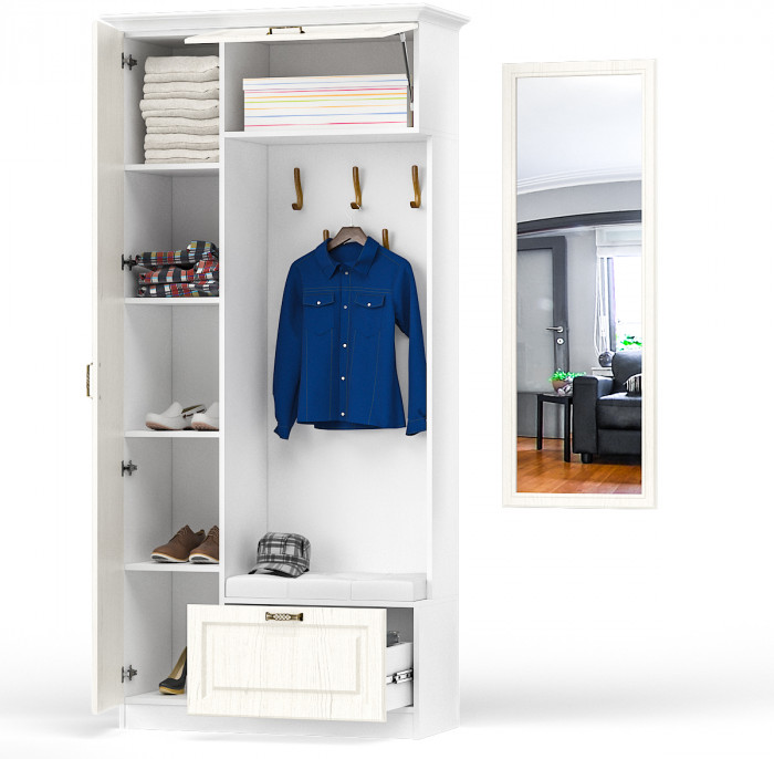 Ливерпуль Шкаф многоцелевого назначения 13.21 + карниз + Зеркало 03.242, ясень ваниль/белый