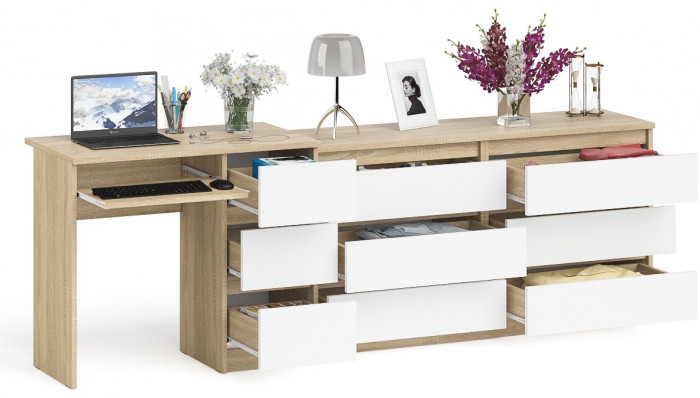 Мори компьютерный стол МС-6 правый + Комод МК1380.6, дуб сонома/белый