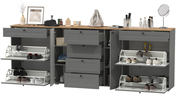 Остин 16.221 Комод + 16.121 Тумба для обуви + 16.121 Тумба для обуви, серый графит/дуб крафт золотой