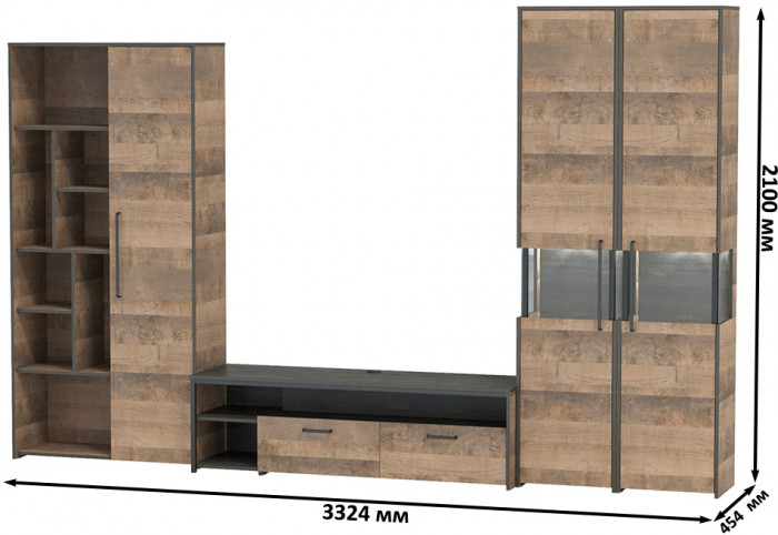 Трувор Гостиная 034, цвет дуб гранж песочный/интра, ШхГхВ 332,4х45,4х210 см., универсальная сборка