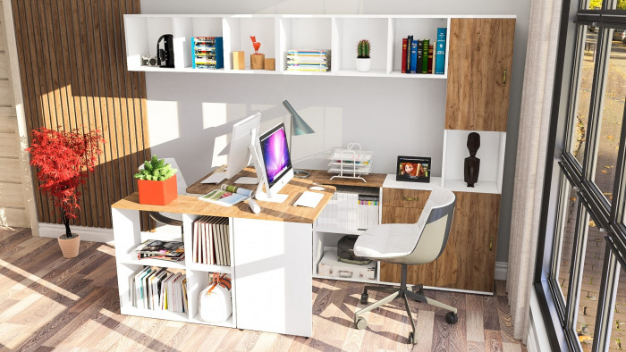 Лидер-8 Стол + Полка + Стол + Полка + Пенал + Тумба МД 3.15, цвет белый шагрень/крафт золото, 410х50/30х75/190 или 230х50/160х75/190 см., НЕ ун. сб.