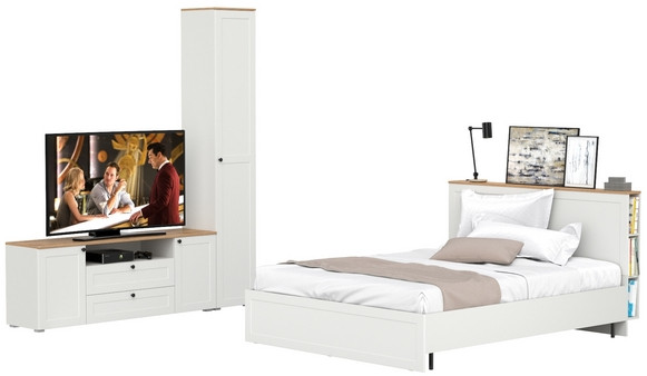 Остин 11.53 Кровать + ортопед + 13.227 Шкаф-пенал + 16.47 Тумба под ТВ, белый шагрень/дуб крафт золотой