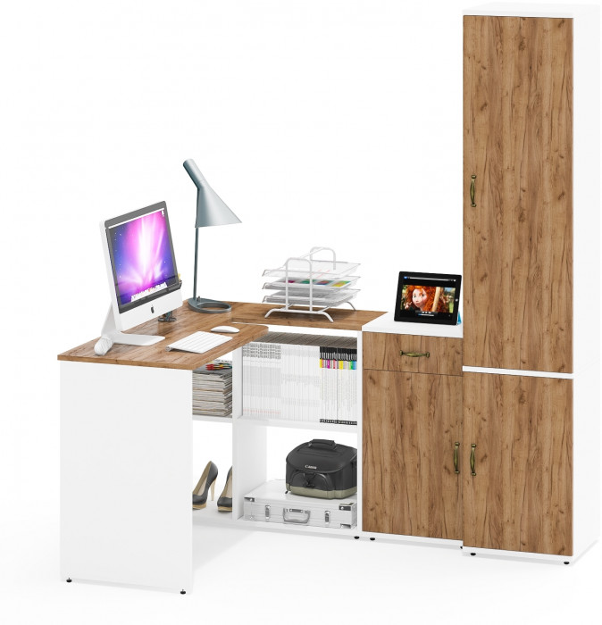 Лидер-8 Стол + Тумба МД 3.15 + Пенал МД 22Б, цвет белый шагрень/крафт золото, ШхГхВ 245х50/37,5х75/190 или 115х160/50х75/190 см., НЕ ун. сборка