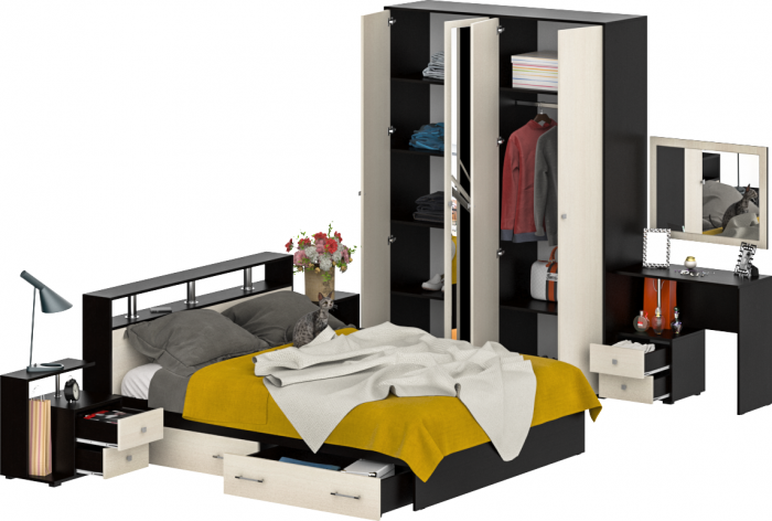 Камелия спальня № 9 Кровать с ящиками 1600 + Две тумбы + Стол космет. + Зеркало + Шкаф 4-х, цвет венге/дуб лоредо, сп.м. 1600х2000 мм., б/м, осн. есть