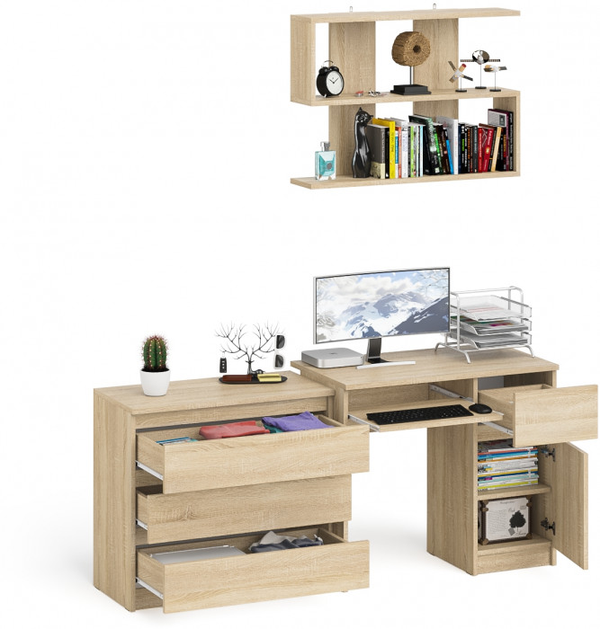 Мори компьютерный стол МС-1 правый + Комод МК800.1 + Полка 900, дуб сонома