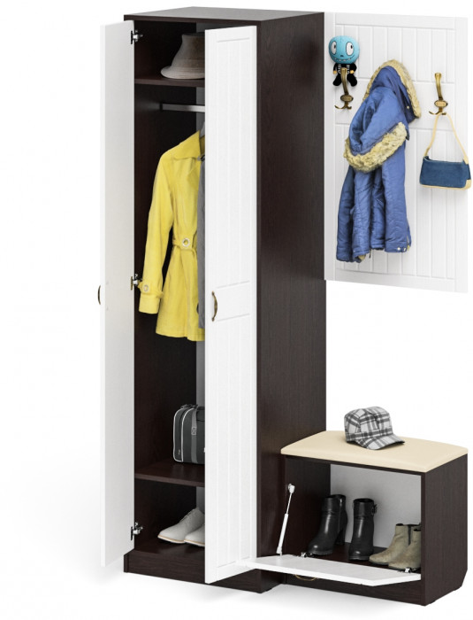 Прихожая П-6 Компоновка № 12, венге/фасады МДФ белое дерево фрезеровка прованс