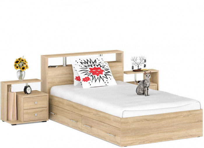 Камелия Кровать с ящиками 1200 + две тумбы, дуб сонома