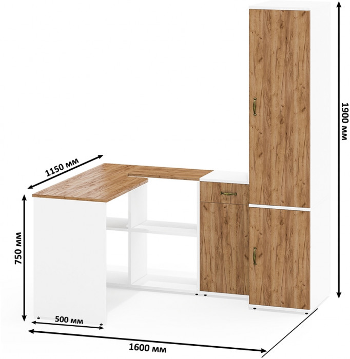 Лидер-8 Стол + Тумба МД 3.15 + Пенал МД 23Б, цвет белый шагрень/крафт золото, ШхГхВ 245х50/37,5х75/190 или 115х160/50х75/190 см., НЕ ун. сборка