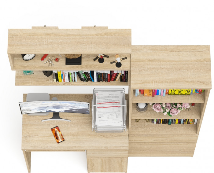 Мори Стол компьютерный МС-1 правый + Стеллаж МСТ600.3 + Полка 900, цвет дуб сонома, ШхГхВ 150,4х50х209,6 см., НЕ универсальная сборка