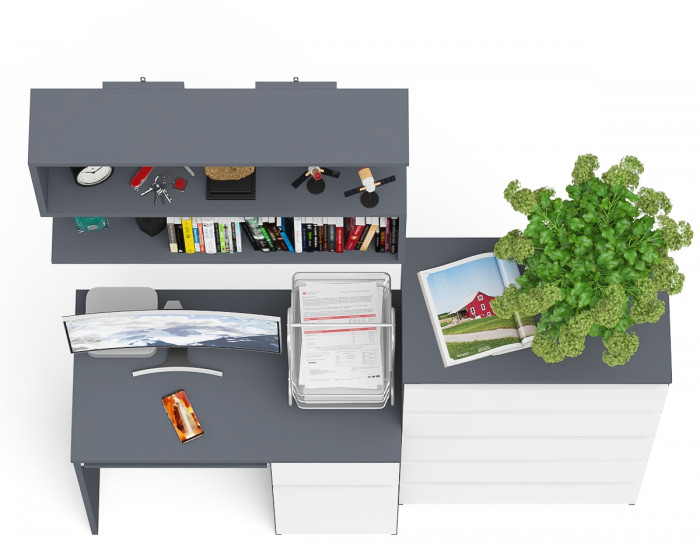 Мори компьютерный стол МС-1 правый + Комод МК700.5 + Полка 900, графит/белый