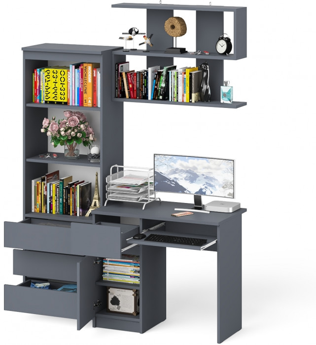 Мори Стол компьютерный МС-1 левый + Стеллаж МСТ600.3 + Полка 900, цвет графит, ШхГхВ 150,4х50х209,6 см., НЕ универсальная сборка