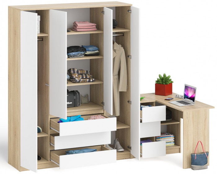 Мори Стол компьютерный МС-16 левый + Шкаф МШ1600.1, цвет дуб сонома/белый, ШхГхВ 284,8х84,9х209,6 см., выдвижные ящики слева, НЕ универсальная сборка