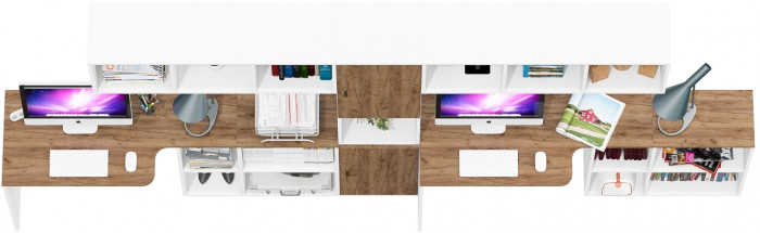 Лидер-8 Стол + Полка + Стол + Полка + Пенал, цвет белый шагрень/крафт золото, ШхГхВ 370х50/30х75/190 или 230х50/120х75/190 см., НЕ универс. сборка
