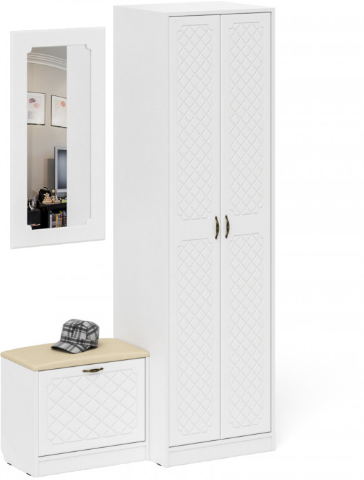 Прихожая П-6 Компоновка № 11, цвет белая шагрень/фасады МДФ белое дерево фрезеровка ромб, ШхГхВ 120х50х210 см., универсальная сборка