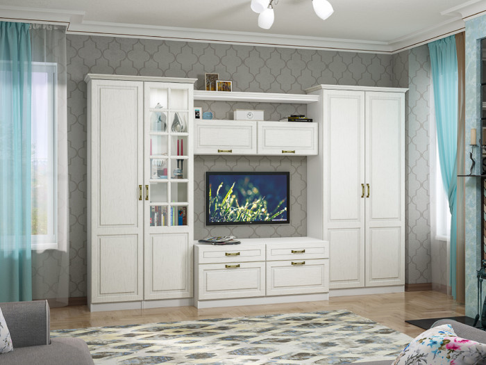 Ливерпуль Шкаф-витрина + карниз, ясень ваниль/белый