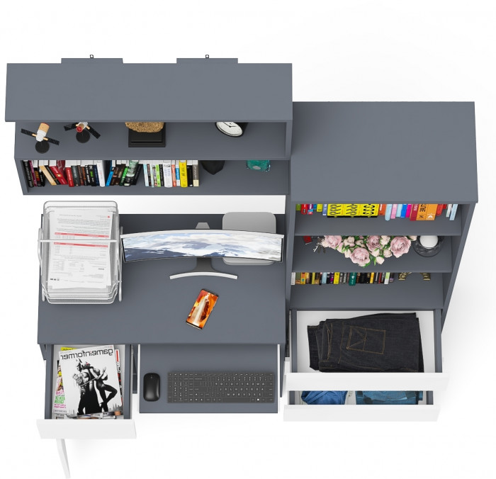 Мори Стол компьютерный МС-1 левый + Стеллаж МСТ600.3 + Полка 900, цвет графит/белый, ШхГхВ 150,4х50х209,6 см., НЕ универсальная сборка