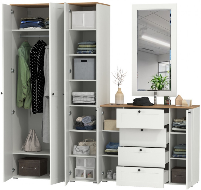 Остин Прихожая 38, цвет белый шагрень/дуб крафт золотой, ШхГхВ 240х54,3х229,6 см., универсальная сборка