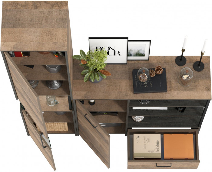 Трувор 13.205 Шкаф-пенал с витриной + 13.307.01 Комод, цвет дуб гранж песочный/интра, ШхГхВ 153,8х37х210 см., универсальная сборка