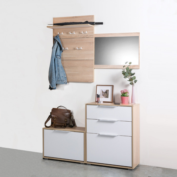 Куба Прихожая 2, обувница 13.58 + Зеркало, цвет дуб сонома/белый премиум, ШхГхВ 65х38,3х180 см.