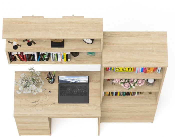 Мори компьютерный стол МС-6 левый + Стеллаж МСТ600.3 + Полка 900, дуб сонома