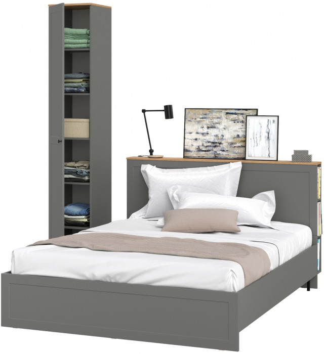 Остин 11.53 Кровать + ортопед + 13.227 Шкаф-пенал, серый графит/дуб крафт золотой