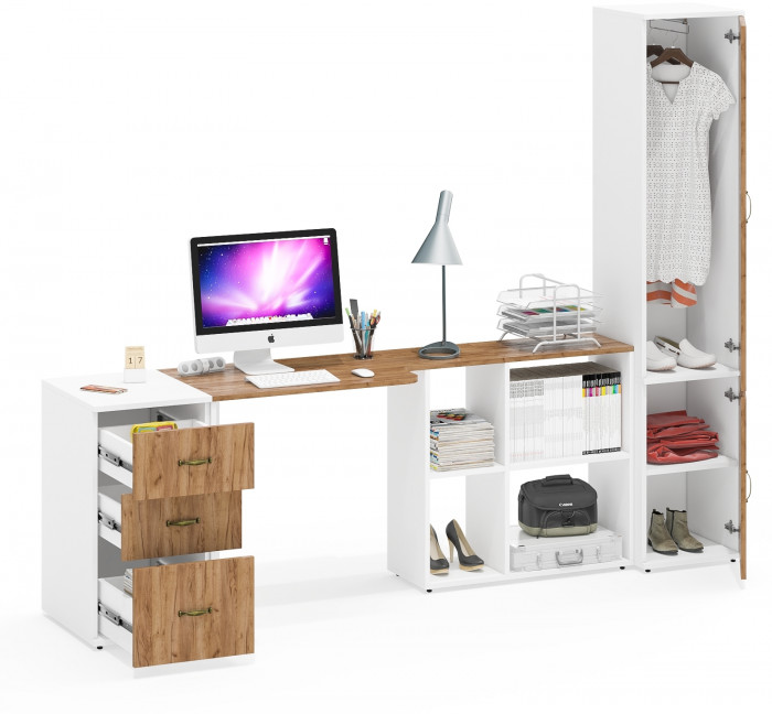 Лидер-8 Стол + Тумба МД 3.16 + Пенал МД 21Б, цвет белый шагрень/крафт золото, ШхГхВ 245х50/37,5х75/190 или 155х120/50х75/190 см., НЕ ун. сборка