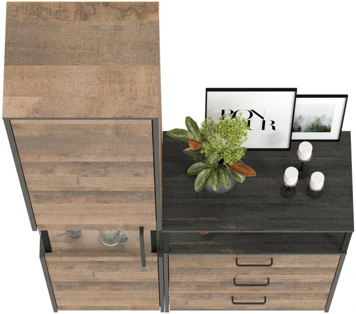 Трувор 13.205 Шкаф-пенал с витриной + 13.307.02 Комод с ящиками, цвет дуб гранж песочный/интра, ШхГхВ 110,8х37х210 см., универсальная сборка