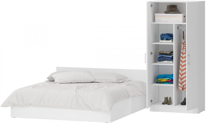 Кровать 1800 + Шкаф 2-х створчатый Стандарт, цвет белый, ШхГхВ 183,5х203,5х70 + 90х52х200 см., сп.м. 1800х2000 мм., без матраса, основание есть