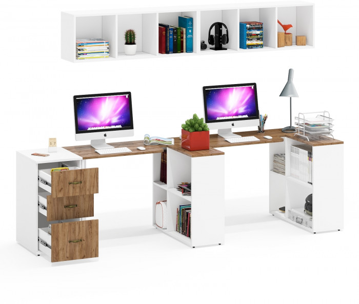 Лидер-8 Стол + Полка + Стол + Полка + Тумба МД 3.16, цвет белый шагрень/крафт золото, ШхГхВ 370х50/30х75/190 или 270х80/50х75/190 , НЕ универс. сборка