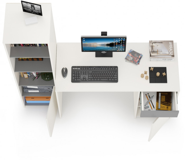 Торонто 12.149 Стол + 13.13 Шкаф комбинированный, белый шагрень/стальной серый