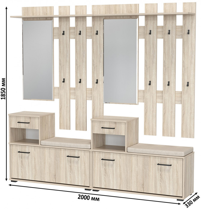 Лира ГК Прихожая 2 Два х Тумба под обувь + Два х Вешалка с зеркалом, дуб сонома
