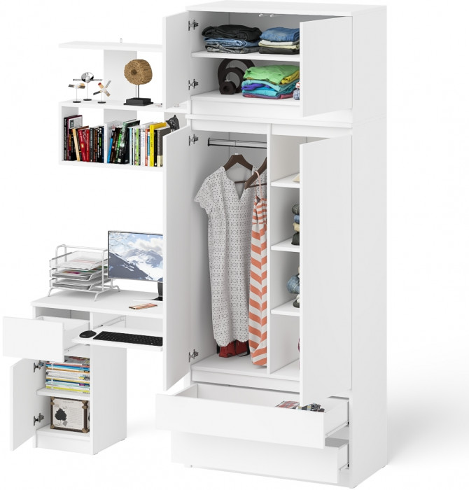 Мори компьютерный стол МС-1 левый + Шкаф МШ900.1 + Антресоль МА900.1 + Полка 900, белый