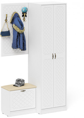 Прихожая П-6 Компоновка № 12, цвет белая шагрень/фасады МДФ белое дерево фрезеровка ромб, ШхГхВ 120х50х210 см., универсальная сборка