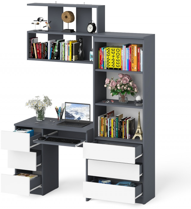 Мори Стол компьютерный МС-6 левый + Стеллаж МСТ600.3 + Полка 900, цвет графит/белый, ШхГхВ 150,4х50х209,6 см., НЕ универсальная сборка