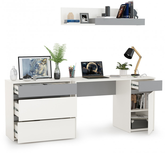 Торонто 12.149 Стол + 13.321 Комод + 16.475 Полка, белый шагрень/стальной серый