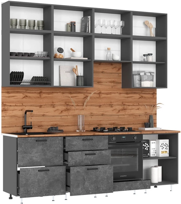 ЛДСП Кухня Рио NEW 2,4м, Компановка №4 Бетон светлый/Бетон темный, Графит (Дуб вотан)